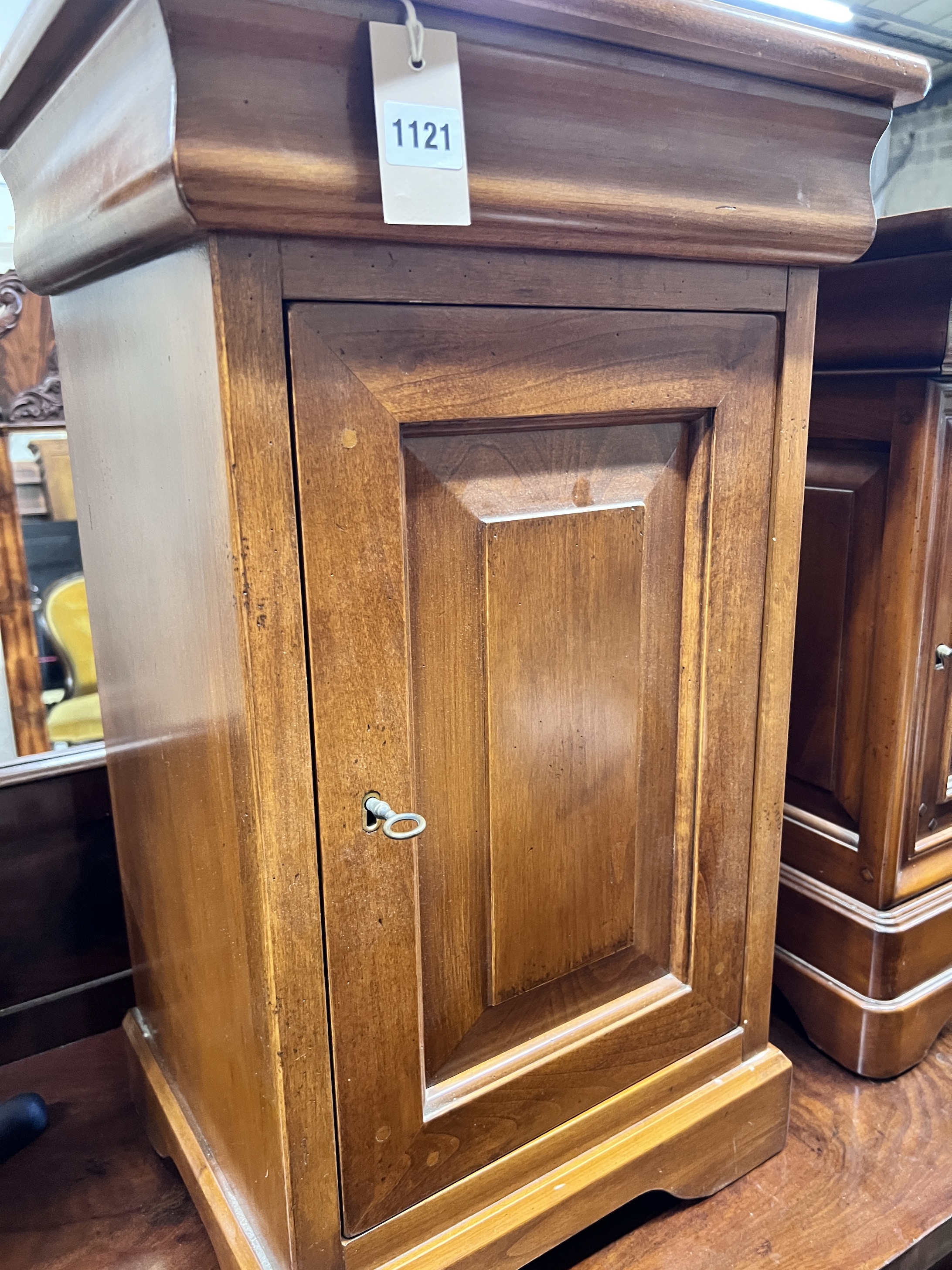 Two French cherrywood bedside tables, width 43 and 46cm, height 70 and 64cm